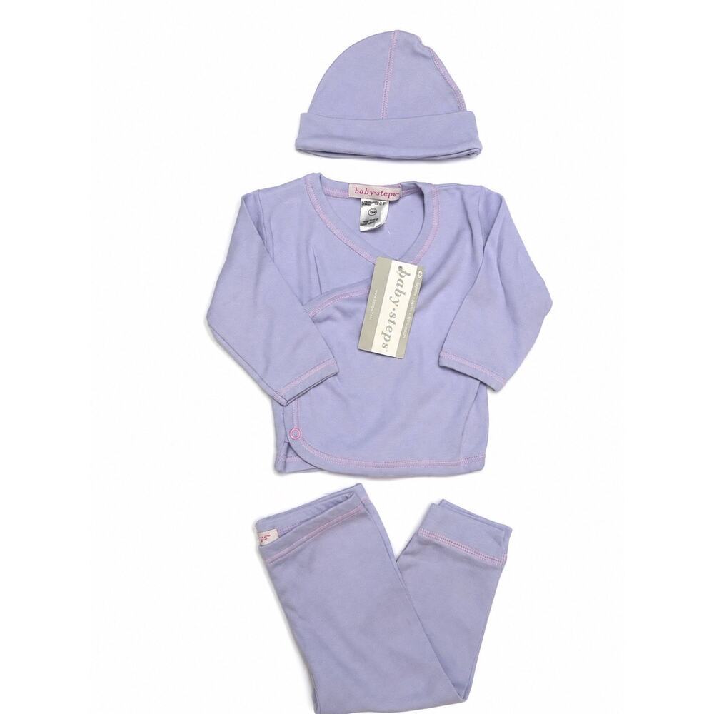 Baby Steps 3M 3 Pc Outfit Set Lavender Wrap Top Pants Hat NWT Newborn